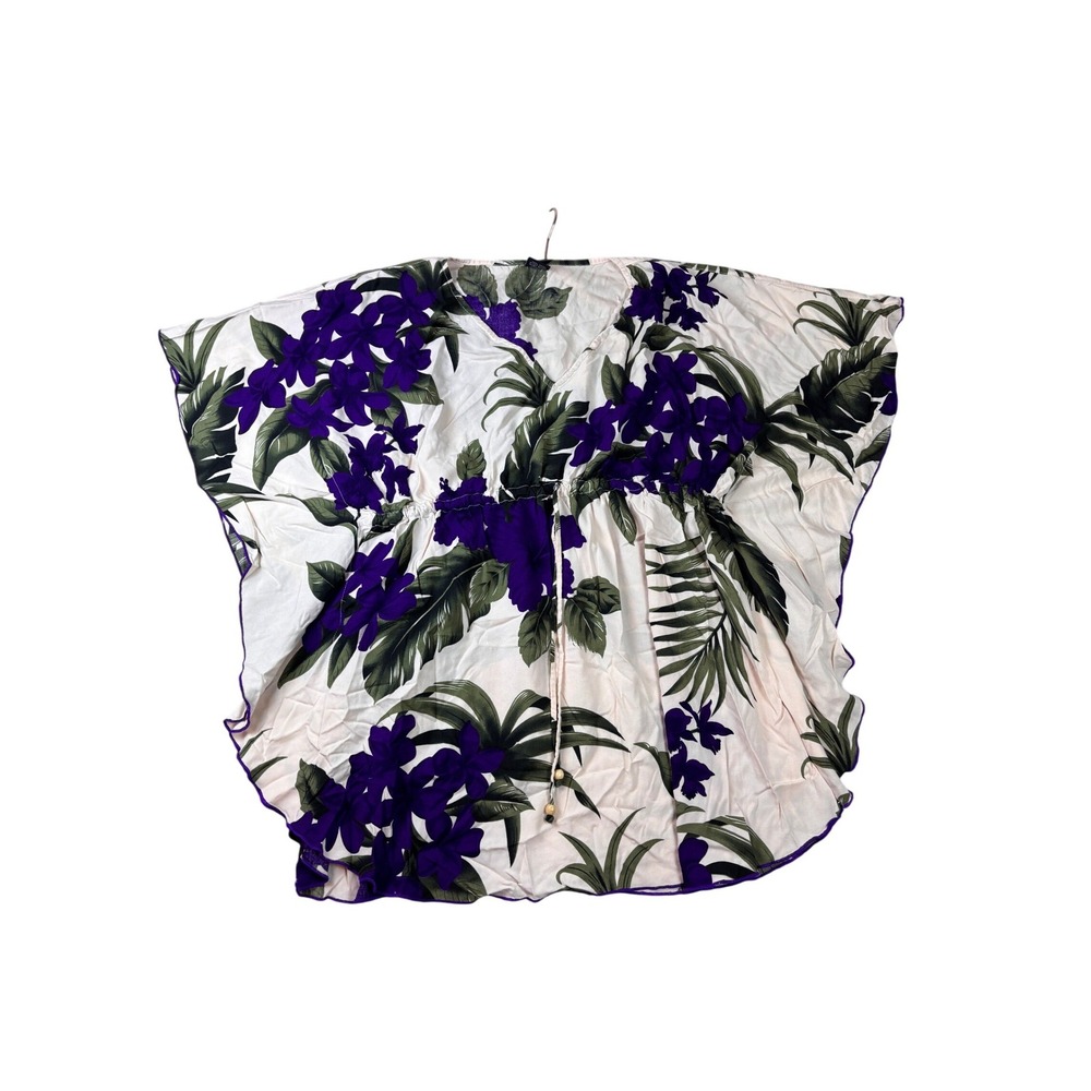 Favant‎ Hawaii Womens One Size Kaftan Top Cream Purple Tropical Floral Rayon